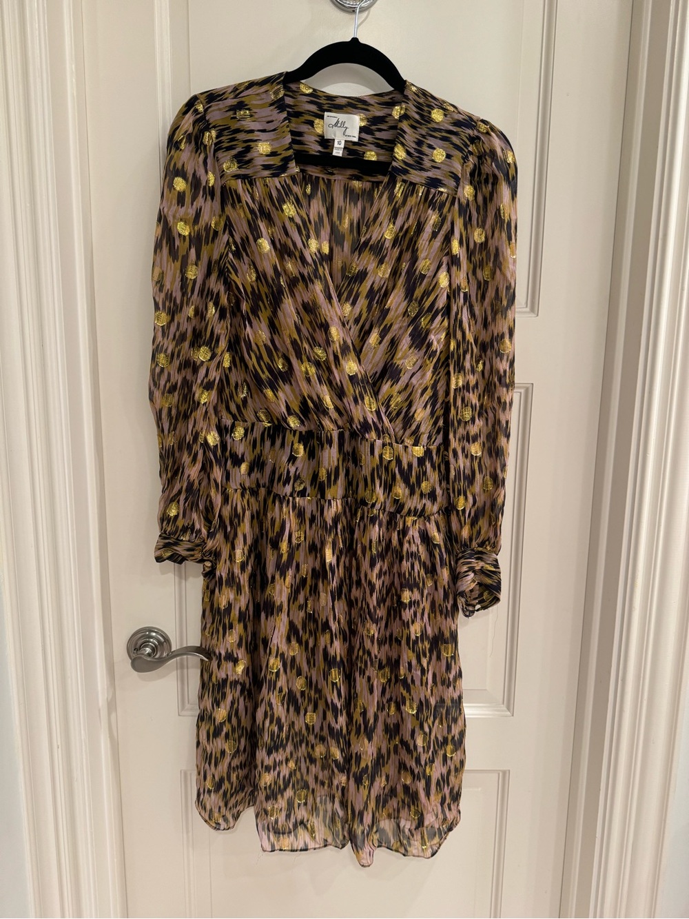 Milly Long-Sleeve Printed Wrap Dress in Brown, Gold and Purple